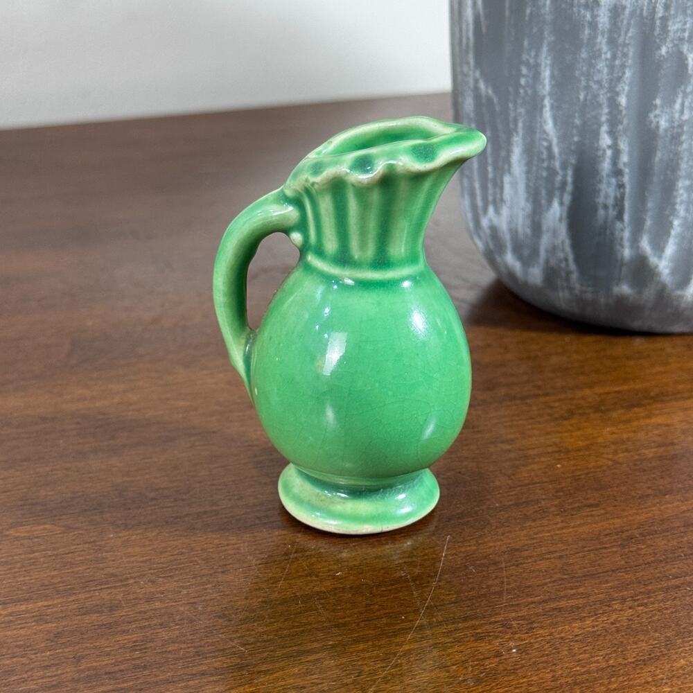 Vintage USA Pottery Mini Creamer Salesman Sample Green Pitcher Vase 2.5"